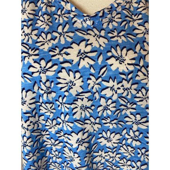 Lilly Pulitzer Etta V Neck Shirt Top Short Sleeve Blue Cream Floral Large L - Picture 2 of 5